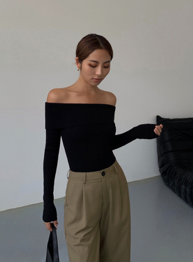 NEVA HU 优雅弧度 黑色一字肩针织衫女露肩长袖t恤修身气质上衣