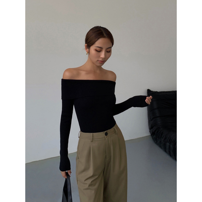 NEVA HU 优雅弧度 黑色一字肩针织衫女露肩长袖t恤修身气质上衣