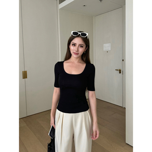 黑色U领五分袖 薄雾光影 上衣 显瘦气质短款 中袖 t恤女修身 NEVA