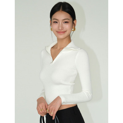 灰色半高领拉链针织打底衫女