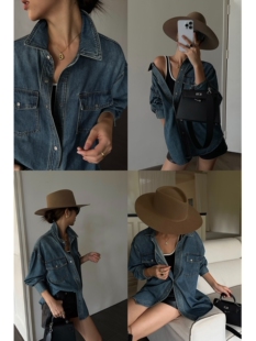 宽松休闲设计感长袖 NEVA 女新款 蓝色复古牛仔衬衫 外套上衣