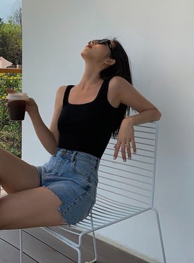 NEVA HU 黑色针织方领吊带背心女外穿夏新款百搭无袖内搭上衣