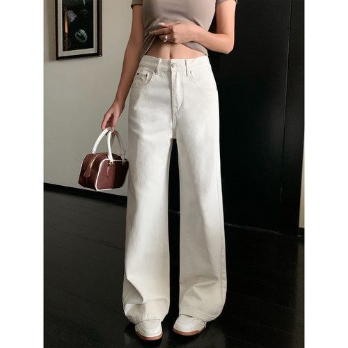 NEVA HU 米白色阔腿牛仔裤女高腰宽松显瘦休闲裤百搭直筒垂感长裤