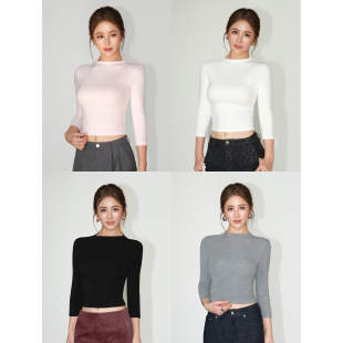 粉色中长袖 利落美学 短款 针织衫 半高领打底T恤上衣 NEVA 女修身