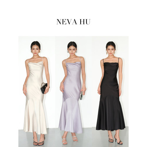 缎面长款鱼尾吊带连衣裙