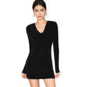 现货7折 褶皱包裙V领荡领长袖 NEVA 连衣裙女气质修身 短裙子