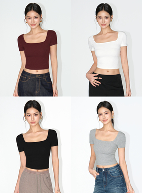 NEVA HU 前后两穿 基础方领白色短袖t恤女夏修身辣妹短款露脐上衣