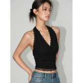 NEVA 辣妹上衣 无袖 纯欲风蕾丝挂脖v领吊带背心女性感露背短款