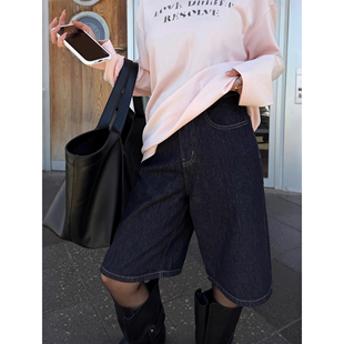 女宽松直筒阔腿裤 NEVA 复古深蓝色高腰五分牛仔短裤 潮搭利器