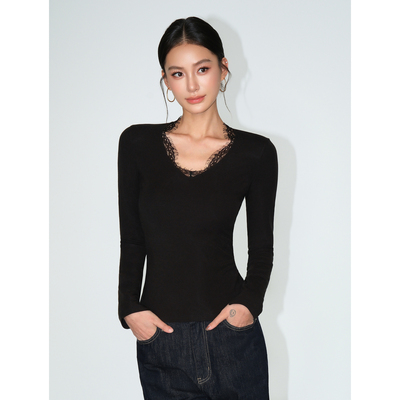 NEVA HU 素纱织梦 蕾丝拼接V领打底衫女修身针织长袖T恤气质上衣