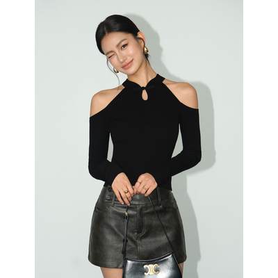 NEVA HU 月光诗集 新中式盘扣针织衫女露肩气质挂脖长袖t恤上衣