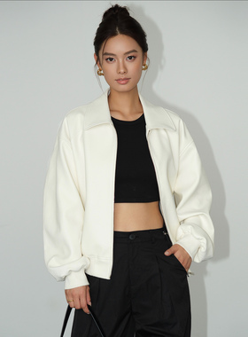 NEVA HU【现货5折】黑色复古PU皮夹克外套女宽松高级感机车皮衣