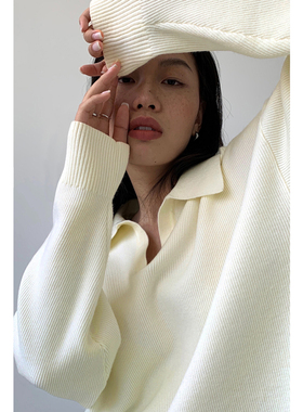 NEVA HU黑色polo领套头毛衣女外穿2025秋季韩版宽松慵懒针织上衣