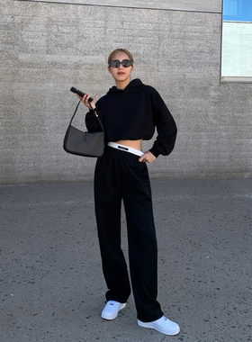 NEVA HU 【现货6折】阔腿运动加绒休闲裤女宽松直筒百搭拖地长裤