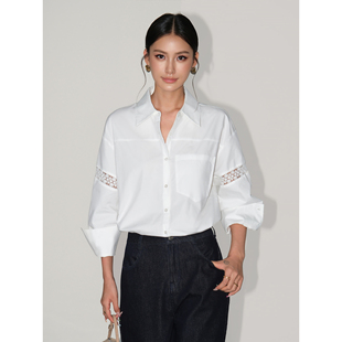 女设计感纯棉衬衣宽松设计感上衣 白色镂空蕾丝拼接衬衫 NEVA