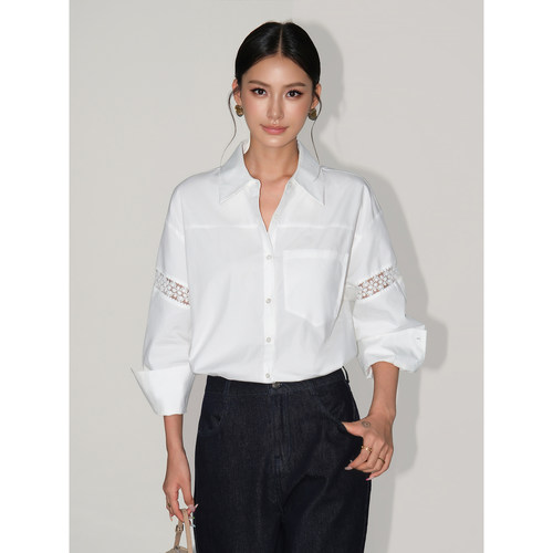 NEVA HU 白色镂空蕾丝拼接衬衫女设计感纯棉衬衣宽松设计感上衣