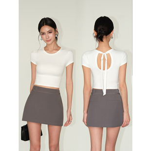T恤女性感修身 NEVA 设计感后背镂空短袖 时髦秘密 露脐圆领上衣