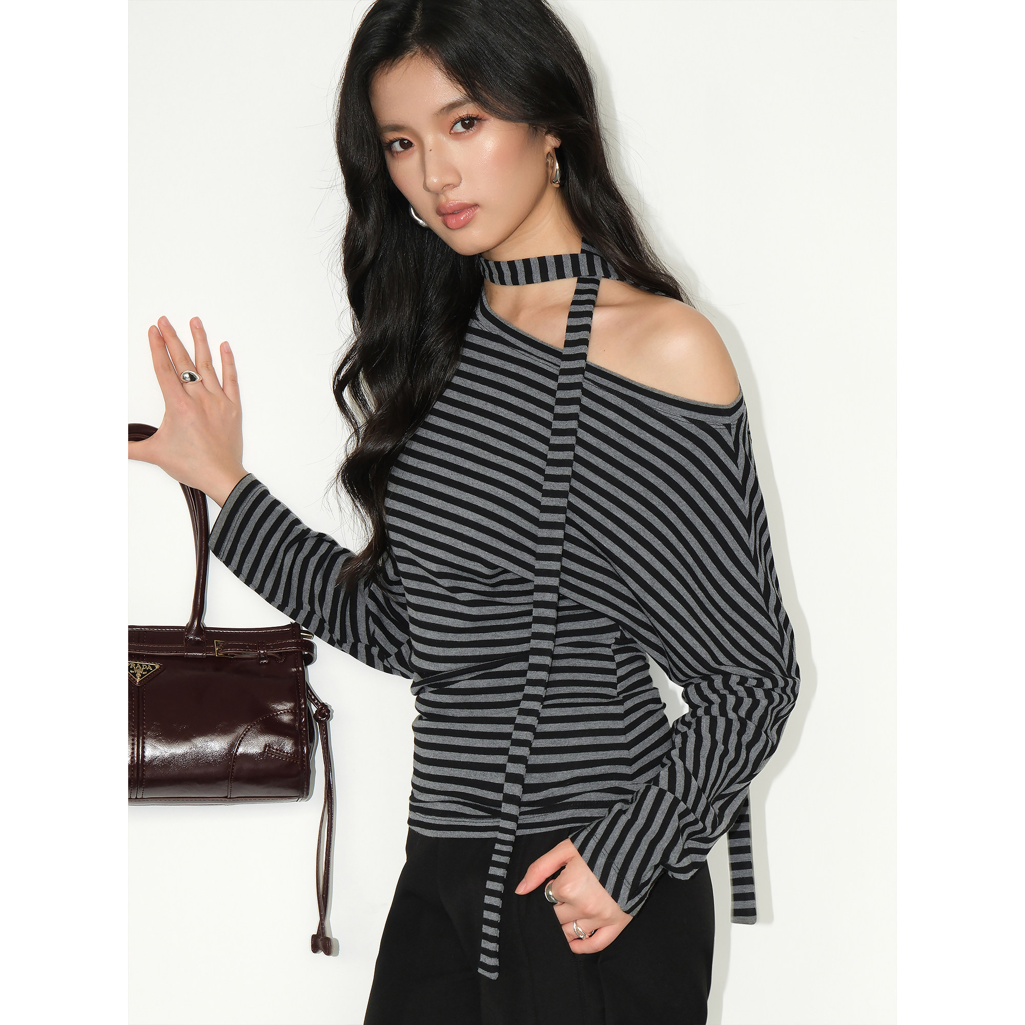 斜肩长袖可拆飘带针织衫女上衣