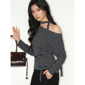 现货7折 黑色性感斜肩长袖 NEVA 针织衫 女小众一字肩飘带上衣