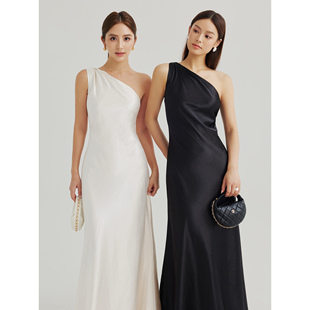 背心裙优雅气质长裙 高级感缎面斜肩连衣裙女无袖 NEVA HU契约恋人