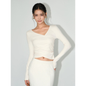 HU交叉v领长袖 针织衫 女设计感小众t恤修身 NEVA 收腰气质短款 上衣