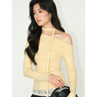 氛围感斜肩针织衫 现货7折 女蕾丝拼接气质飘带打底上衣 NEVA