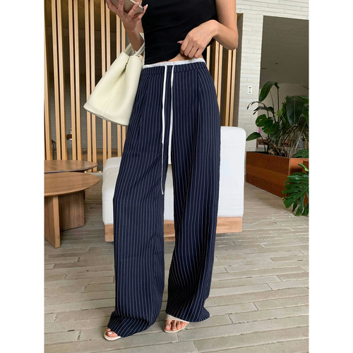 抽绳条纹裤休闲裤直筒长裤阔腿裤