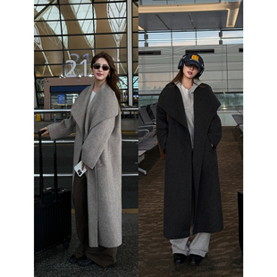 NEVA HU巴塞往事 慵懒风羊毛双面呢大衣女中长款翻领宽松毛呢外套