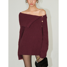 NEVA HU 红色一字肩毛衣女宽松设计感秋慵懒软糯露肩针织上衣外套