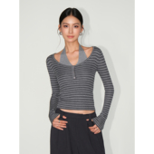 daily随意感 条纹拼接假两件长袖 NEVA t恤女修身 挂脖针织上衣