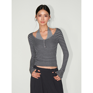 t恤女修身 NEVA 条纹拼接假两件长袖 daily随意感 挂脖针织上衣