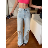 女做旧宽松直筒阔腿长裤 NEVA 随性出街 破洞牛仔裤 现货7折