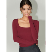 HU方领长袖 针织t恤女秋季 修身 NEVA 显瘦百搭内搭红色打底衫 上衣