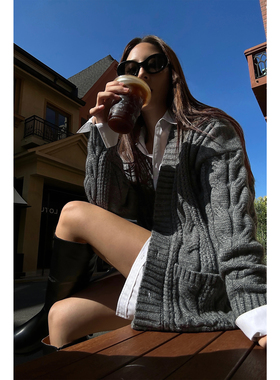 NEVA HU 灰色麻花毛衣外套女中长款秋冬宽松慵懒风针织衫开衫