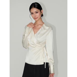 衬衫 NEVA 缎面v领长袖 维纳斯 女绑带收腰小众高级感气质上衣