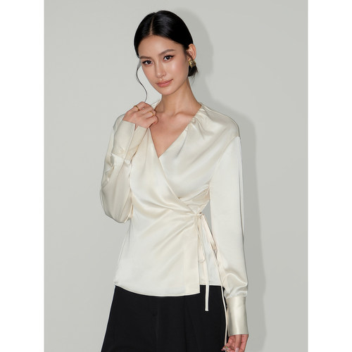NEVA HU 维纳斯 缎面v领长袖衬衫女绑带收腰小众高级感气质上衣