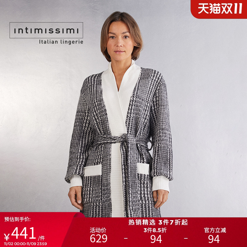 Intimissimi意舒漫女士时尚英伦风格纹针织晨袍长袖睡袍PVD946