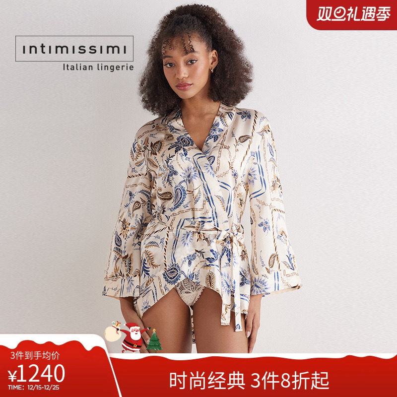 时尚复古印花长袖家居睡袍