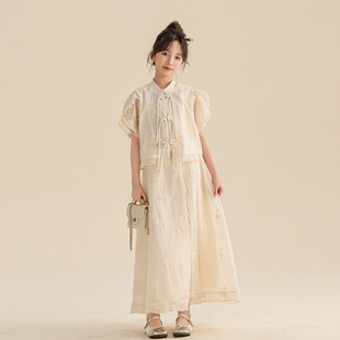 高级感中国风女孩中大童裙子夏季新中式盘扣女童短袖汉服套装