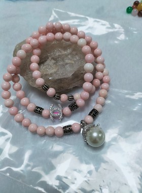 天然收藏级正品粉贝珊瑚贝三圈手链6mm招桃花运手串女款配925银饰