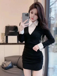 欧货辣妹气质POLO领拼接假两件连衣裙女秋季小个子修身显瘦包臀裙