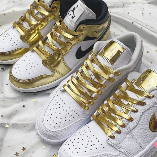 AJ1Mid液态金运动篮球鞋金银鞋带