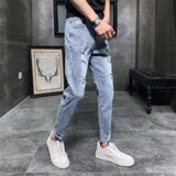 2021破洞九分牛仔裤春新款休闲小脚裤男韩版破洞牛仔208#，男装牛仔裤，星座905