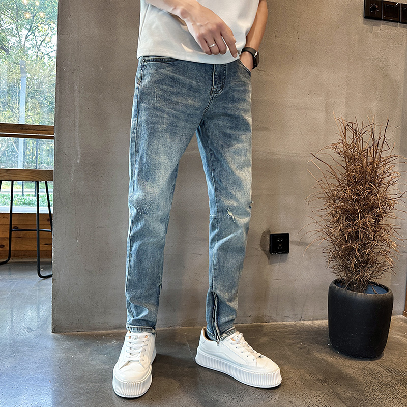 潮牌弹力休闲修身牛仔裤夏季痞帅九分小脚裤N219#P60-控88，男装牛仔裤，星座905