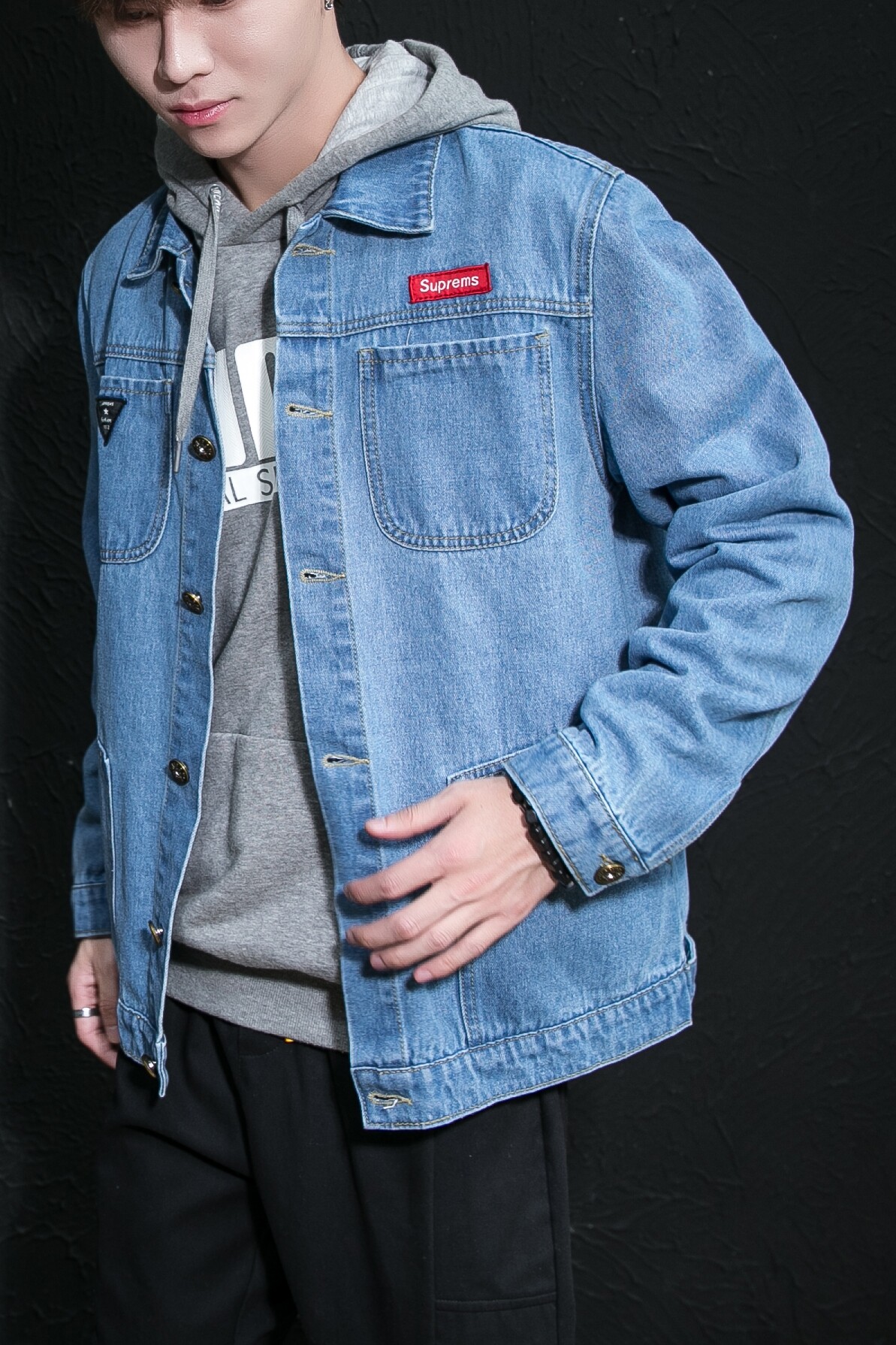 五色浅蓝大码休闲牛仔夹克迷彩日系复古潮宽松工装外套男901#P50,男装夹克,星座905