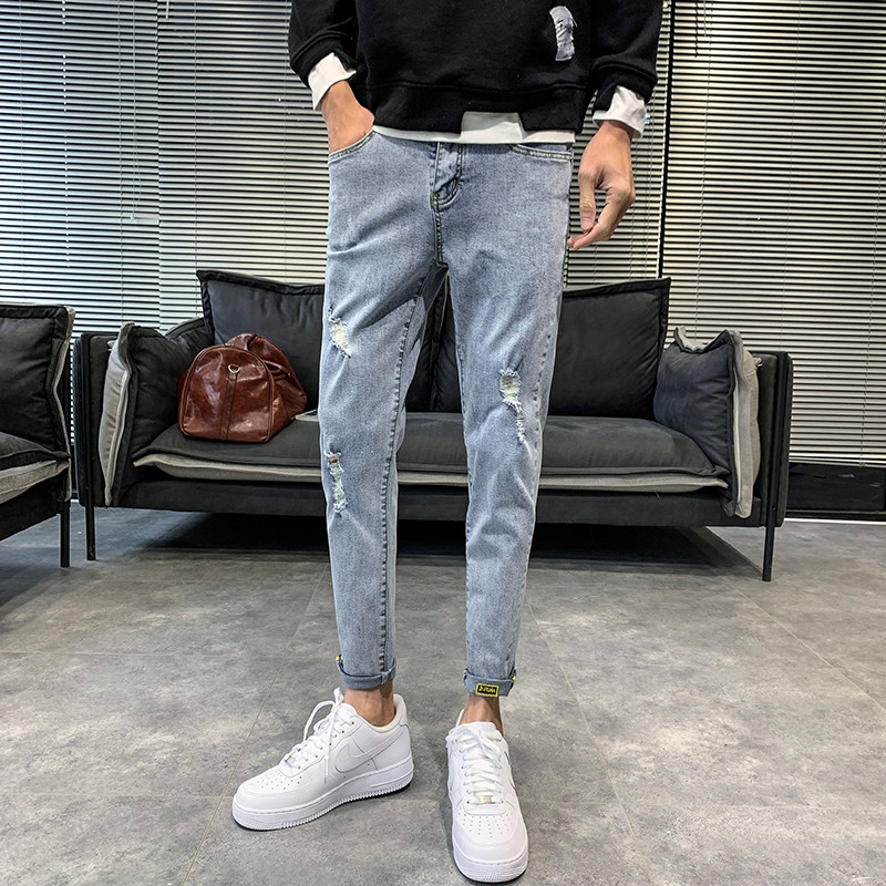 浅色修身破洞牛仔裤男青年韩板潮流九分小脚裤 xz905-207图片