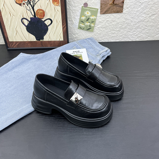 百搭单鞋 2025秋季 女真皮粗跟增高日系英伦小皮鞋 一脚蹬乐福鞋 新款