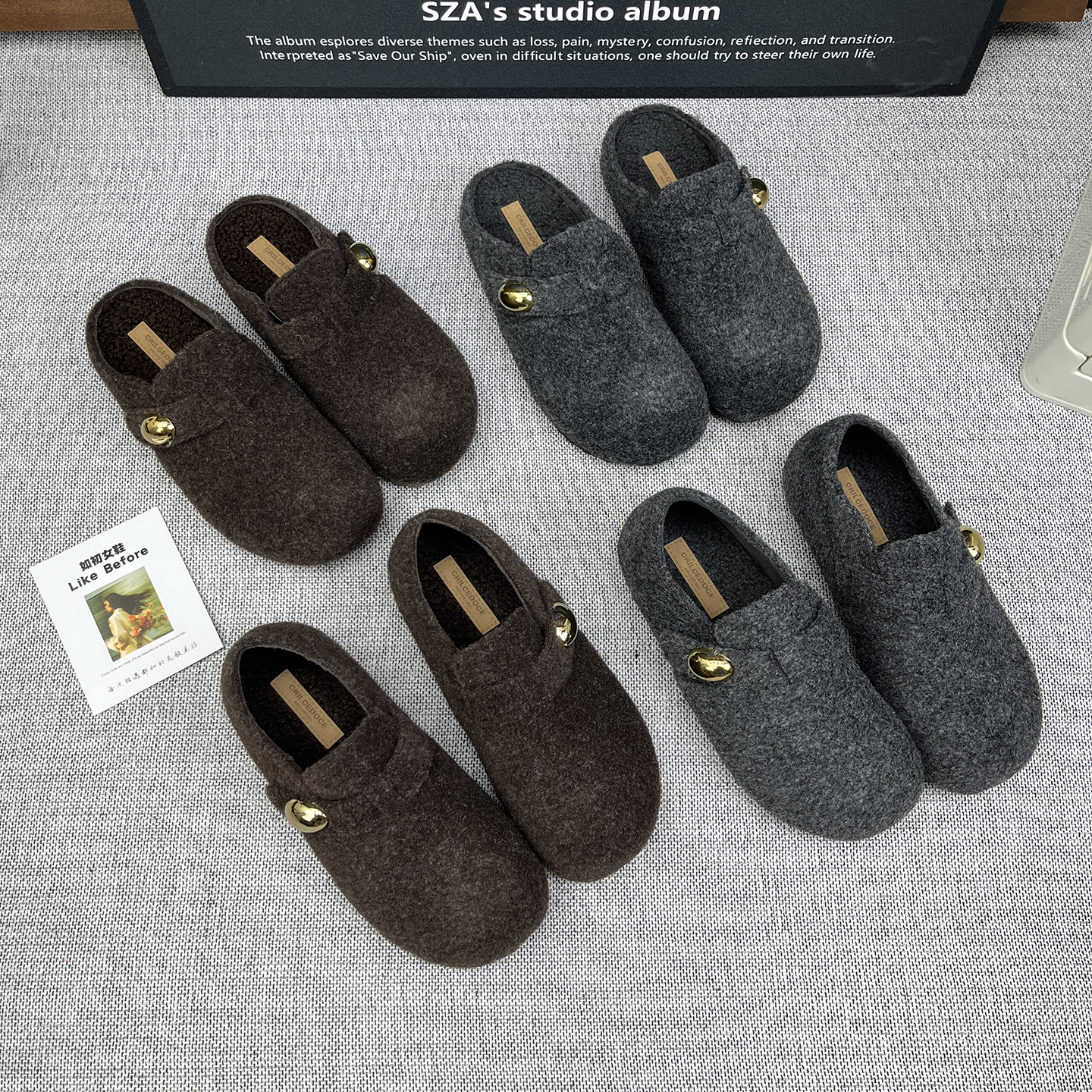 毛呢加绒厚底百搭复古勃肯鞋女