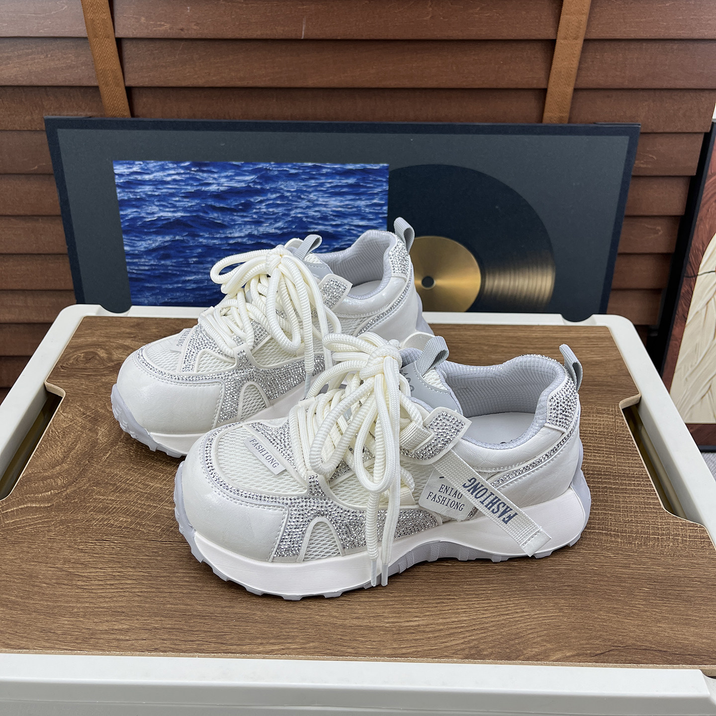 真皮厚底网面老爹鞋女2026春夏新款双系带轻便百搭时尚水钻休闲鞋