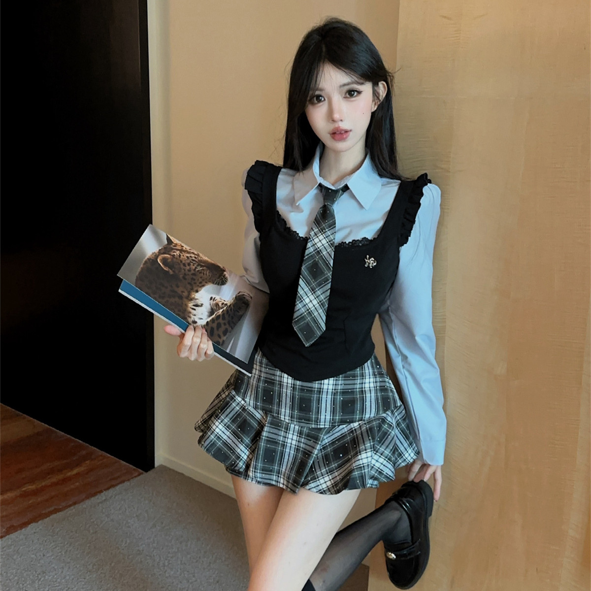 学院风JK格纹马甲衬衫裙三件套